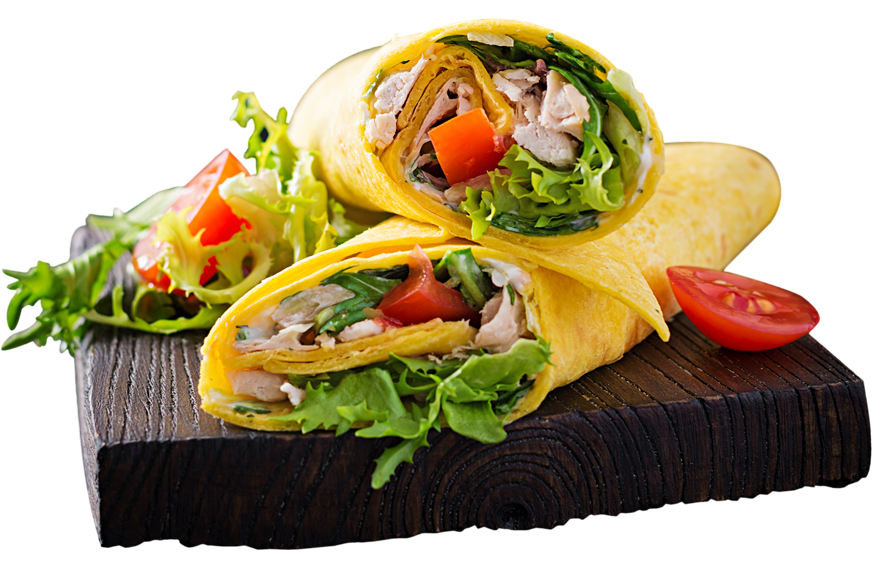 A tortilla wrap with chicken, lettuce and tomatoes.